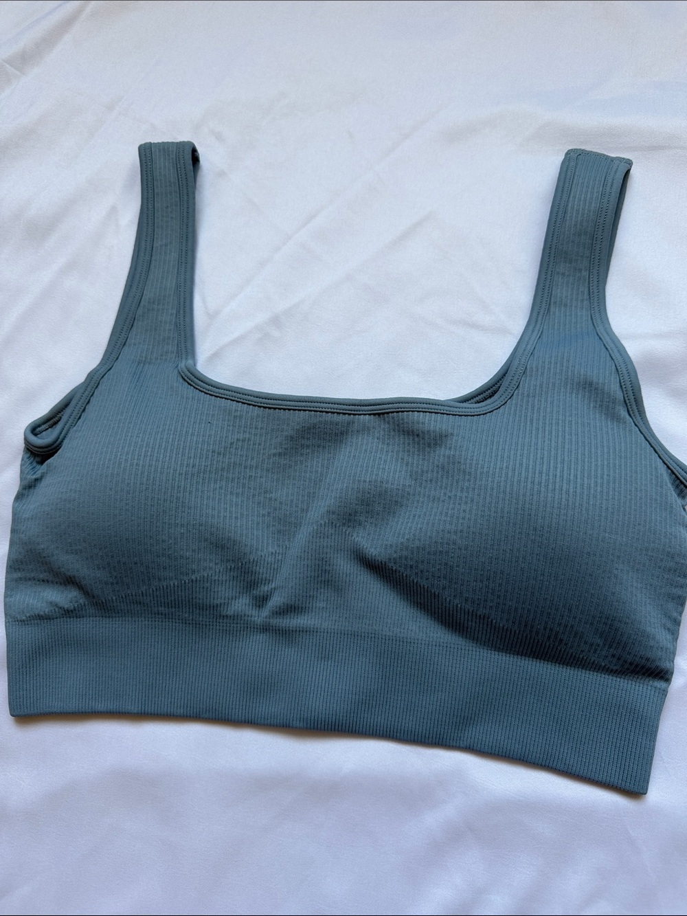 NWT OQQ Ribbed Scoop Sports Bra & High-Waist Bike Shorts Set - Slate Teal, Large - Picture 7 of 8